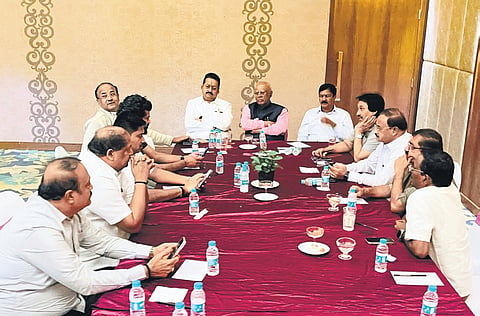 BJP leaders, who are against state BJP chief BY Vijayendra, attend a meeting on the outskirts of Belagavi on Sunday