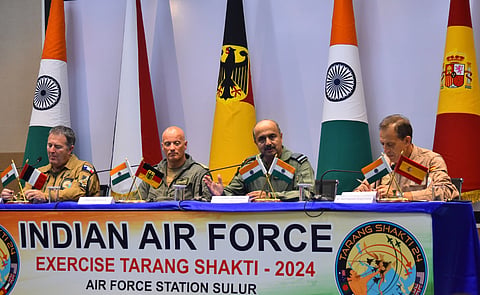 Indian Air Chief Marshal VR Chaudhari, along with German Lt. Gen. Ingo Gerhartz, General Stephane Mille, Chief of Staff of the French Air and Space Force and Spain's Chief of Staff of the Air and Space Force (SAF), Francisco Braco Carbó addressing the press meet atThe International Defence and Aviation Exhibition at Sulur Airforce Station in Coimbatore