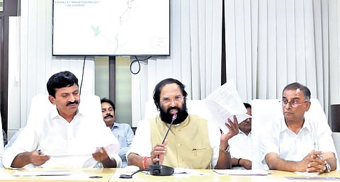 Irrigation Minister N Uttam Kumar Reddy addresses the media in Hyderabad