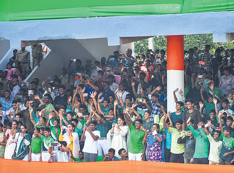 Crowd cheering the tableaux of various government departments participating in the Independence Day parade at IGMC Stadium in Vijayawada