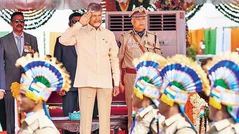 Chief Minister Nara Chandrababu Naidu inspecting the parade at the Independence Day celebrations at IGMC Stadium in Vijayawada on Thursday