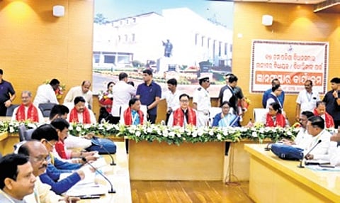 Union Minister Kiren Rijiju, CM Mohan Majhi and others during the orientation programme on Saturday