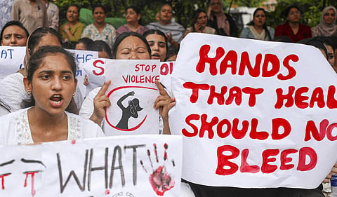 Doctors across the country take part in a 24-hour nationwide agitation against the alleged rape and murder of a Kolkata-based trainee doctor on Saturday, Aug. 17, 2024.