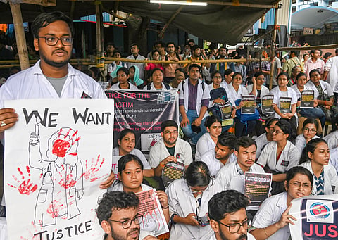Dental college students stage a protest during the 24-hour nationwide strike called by the Indian Medical Association (IMA) demanding justice for the woman doctor who was allegedly raped and murdered at R G Kar Medical College and Hospital, in Kolkata, Saturday, Aug. 17, 2024.