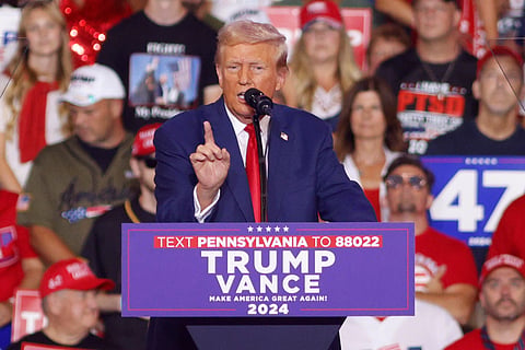 Republican presidential nominee former President Donald Trump speaks at a campaign rally