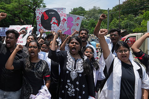 Doctors shout slogans during a nationwide protest against the rape and killing of a trainee doctor at a government hospital in Kolkata last week, in Hyderabad,