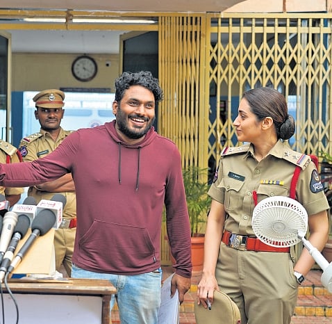 Surya Manoj Vangala (L) with Trisha Krishnan on the sets of Brinda
