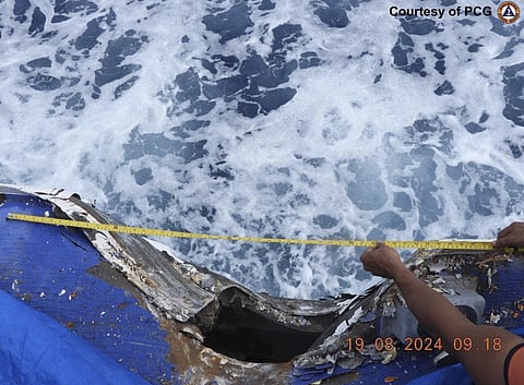 The picture shows the damage on the Philippines Coast Guard vessel BRP Cape Engano (MRRV-4411) after a collision with a Chinese Coast Guard ship, Monday, Aug 19, 2024.