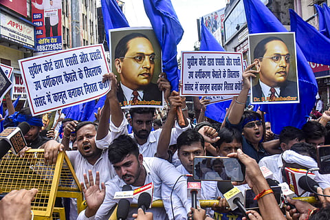 Bahujan Samaj Party (BSP) supporters and others protest against the Supreme Court's August 1 decision on the issue of SC-ST reservation during 'Bharat Bandh', in Patna, Wednesday, Aug. 21, 2024.