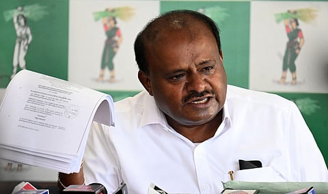 Union Minister for Steel and Heavy Industries H D Kumaraswamy addressing a press conference at JD party office