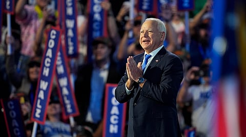 Democratic vice presidential nominee Minnesota Gov. Tim Walz speaks during the Democratic National Convention Wednesday, Aug. 21, 2024, in Chicago.