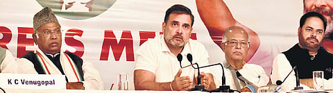 Rahul Gandhi, Mallikarjun Kharge at a press meet in Srinagar on Thursday
