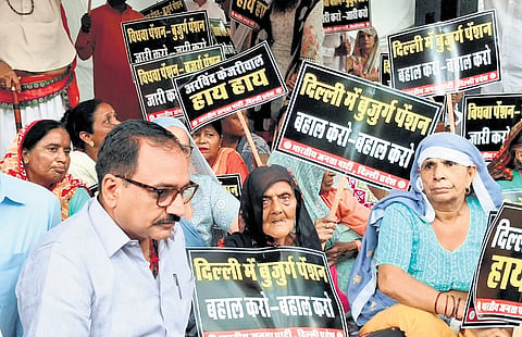 Delhi BJP chief Virendra Sachdeva during protest against pending pension