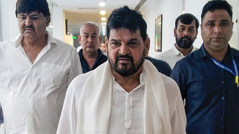 Former Wrestling Federation of India (WFI) chief and BJP leader Brij Bhushan Sharan Singh arrives to appear before the Rouse Avenue Court in an alleged sexual harassment case lodged by female wrestlers, in New Delhi, Friday, Aug. 23, 2024.