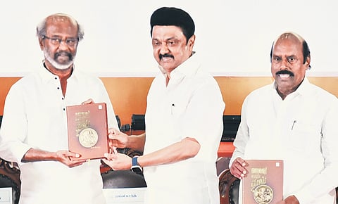CM Stalin hands over first copy of ‘Kalaignar Enum Thai’ to Rajnikanth