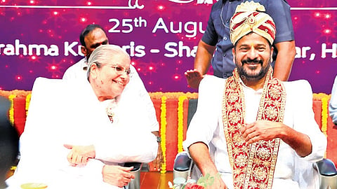 Chief Minister A Revanth Reddy during the 20th anniversary celebrations of
‘Brahma Kumaris - Shanti Sarovar’ at Gachibowli in Hyderabad on Sunday