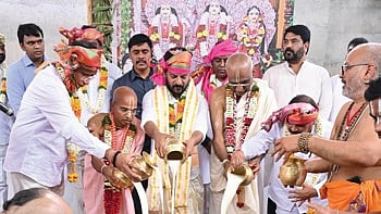 CM A Revanth Reddy and IT Minister D Sridhar Babu offer prayers at Hare Krishna Heritage Tower at Kokapet