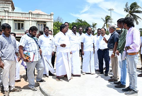Minister Siva V Meyyanathan inspecting the work at the tourism complex