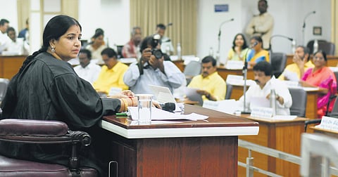 Mayor R Bhagyalakshmi during VMC council meeting on Wednesday.