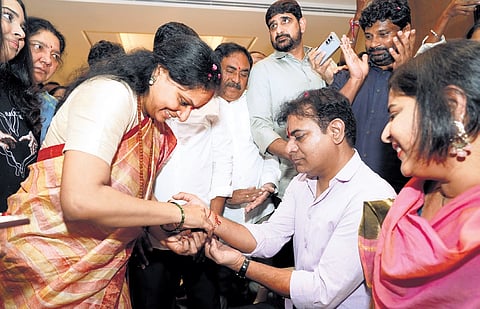 BRS MLC K Kavitha ties a rakhi to her brother KT Rama Rao in Hyderabad on Wednesday