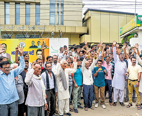 BJP workers protest against party leadership after the first list of candidates for the Jammu and Kashmir assembly elections was released.