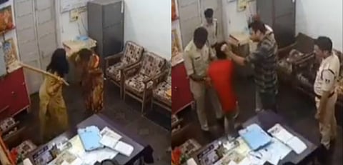 Screengrab from the viral video shows police personnel attacking a Dalit woman and her teenage son.