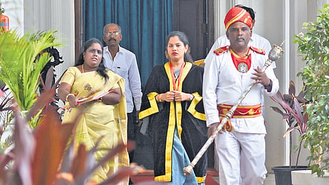 Chennai Mayor R Priya arriving for the corporation council meeting at Ripon Building on Thursday