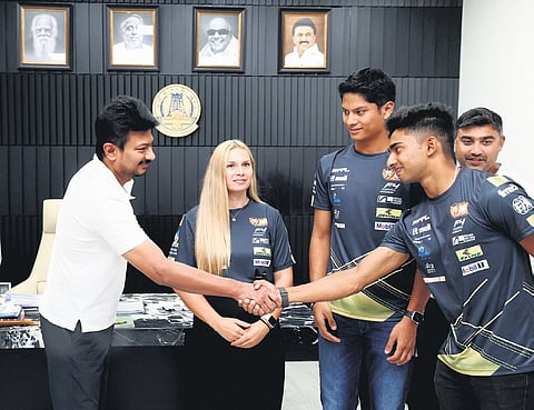 TN sports minister Udhayanidhi Stalin meets racing drivers who arrived to take part in the Formula 4, in Chennai