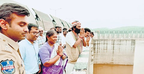 Irrigation Minister Uttam Kumar Reddy inspects the pumping station of the project in Mulugu district on Friday