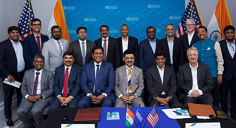 Tamil Nadu Chief Minister MK Stalin and state Industries Minister TRB Rajaa with potential investors in San Francisco on Thursday.
