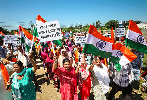 BJP workers stage a protest march expressing dissatisfaction with the party's ticket distribution for the upcoming Jammu and Kashmir assembly polls, in Jammu, Saturday, Aug 31, 2024.