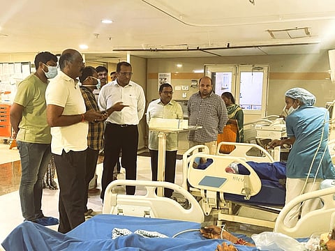 District Collector M.N. Harendhira Prasad and MLA Gana Babu visited KIMS Icon Hospital in Visakhapatnam on Saturday to assess the condition of the workers receiving treatment.