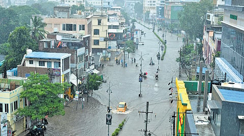 A view of the fully submerged Pinnamaneni Polyclinic Road in Vijayawada following a downpour
