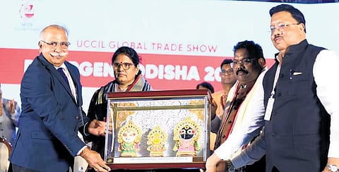 Deputy CM Pravati Parida being presented with a memento during Resurgent Odisha 2024 at Bhubaneswar, on Sunday