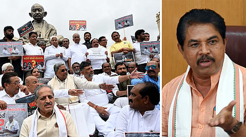 Chief Minister Siddaramaiah and Deputy Chief Minister DK Shivakumar at a protest against Governor Thaawarchand Gehlot in Bengaluru; (right) Leader of Opposition in the Assembly R Ashoka.
