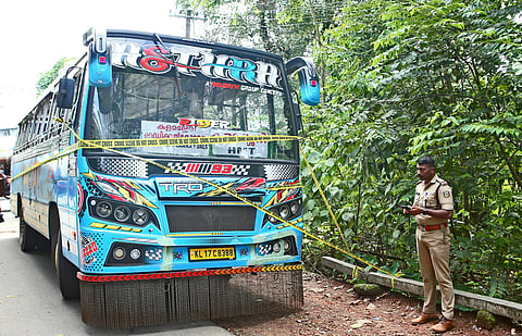 The private bus in which Aneesh Peter was murdered at HMT Junction, Kalamassery