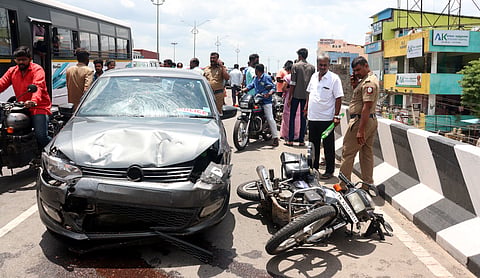 S Selvakumar was travelling to deliver lunch to his wife, who works as a staff nurse at CMC Ranipet when a car lost control and hit his two-wheeler from behind