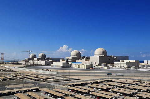 A handout picture obtained from the media office of the Barakah Nuclear Power Plant on Feb. 13, 2020, shows a general view of the power plant in the Gharbiya region of Abu Dhabi on the Gulf coastline about 50 kilometers west of Ruwais, United Arab Emirates.