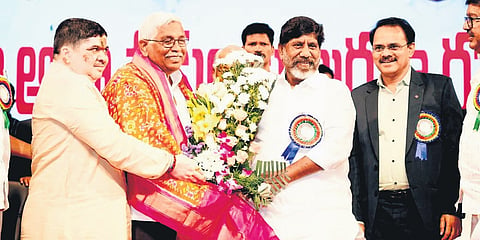 Deputy Chief Minister Mallu Bhatti Vikramarka during Teachers Day celebrations at Ravindra Bharathi in Hyderabad on Thursday