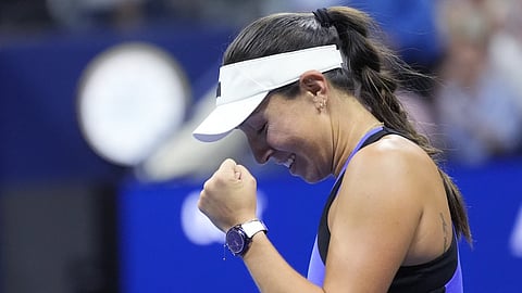 Jessica Pegula, of the United States, reacts after defeating Iga Świątek, of Poland, during the quarterfinals of the U.S. Open tennis championships, Wednesday, Sept. 4, 2024, in New York.
