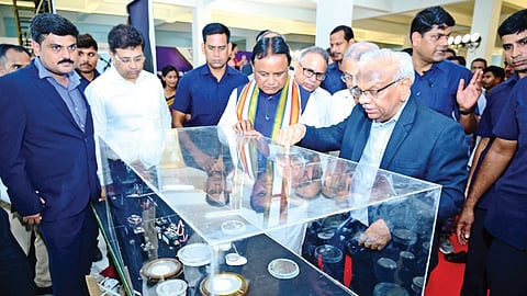 RIR officials briefing Chief Minister Mohan Charan Majhi about the finished semiconductor products during the groundbreaking ceremony of the unit in Bhubaneswar