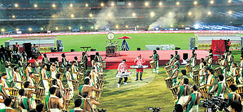 Musician Stephen Devassy and drummer Sivamani perform during the inaugural ceremony of Super League Kerala at
JNL Stadium on Saturday