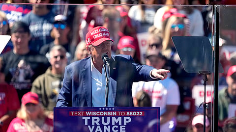 Republican presidential nominee former President Donald Trump speaks during a campaign event at Central Wisconsin Airport.