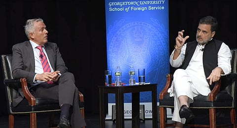 LoP in Lok Sabha and Congress MP Rahul Gandhi during an interaction with students at Georgetown University, Washington DC, USA, Tuesday, Sept 10, 2024.