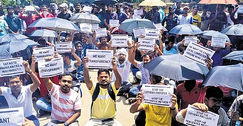 Candidates of the recruitment test staging protest outside OSSSC office