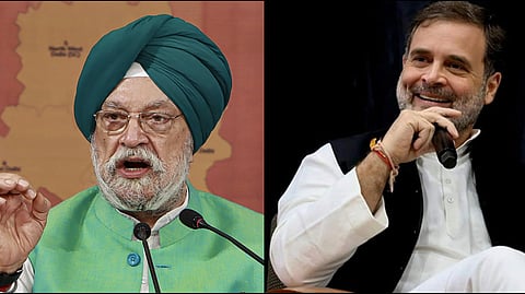 Union minister Hardeep Singh Puri (L), Congress leader Rahul Gandhi (R)