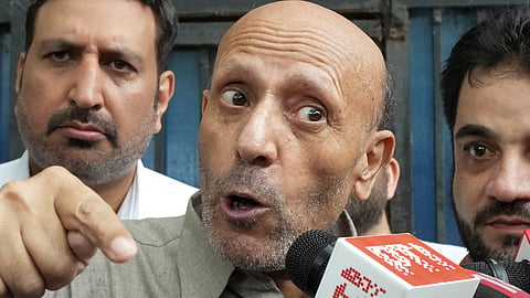 Baramulla MP Sheikh Abdul Rashid, popularly known as Engineer Rashid, interacts with the media after walking out of Tihar Jail, in New Delhi.