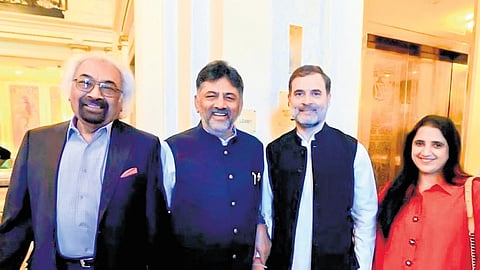 DyCM DK Shivakumar and his wife Usha with LoP in Lok Sabha Rahul Gandhi and Indian Overseas Congress chairman Sam Pitroda in US