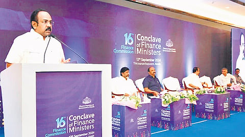 Finance Minister Thangam Thennarasu speaking at the conclave of finance ministers organised in Thiruvananthapuram on Thursday