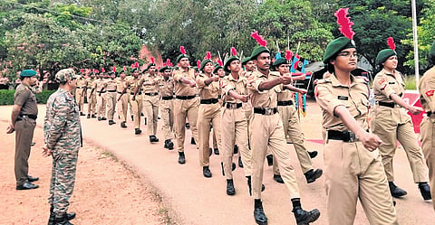 Camp Commandant Col. Jayashankar Chaudhary inspects the parade training of the cadets of 2nd Kerala Battalion NCC participating in the camp at Pangode Military Station
